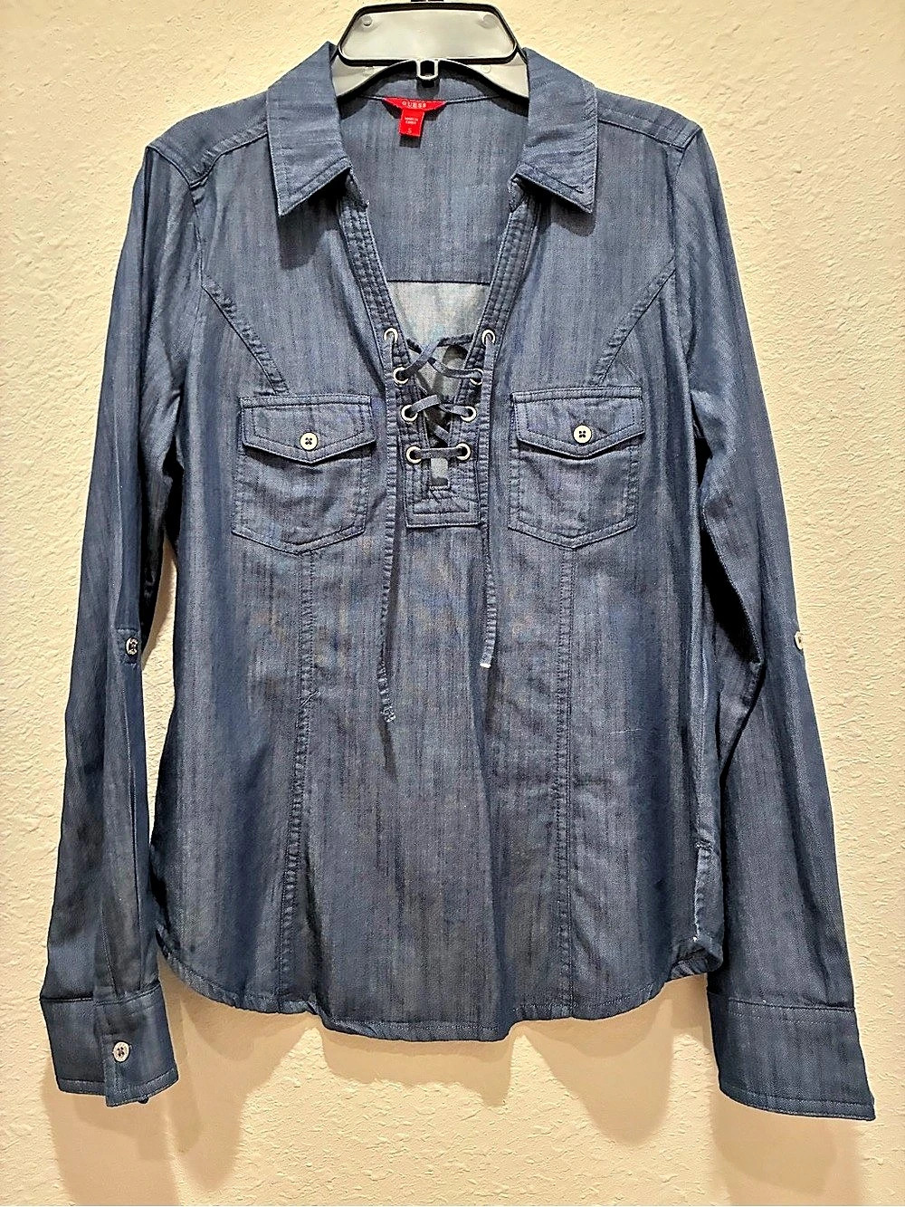 GUESS Women's Top Denim look Lace-Up style Adjustable Long Sleeve in Blue Small